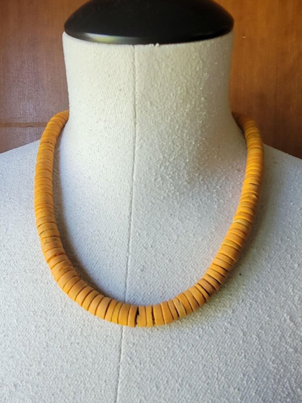 Vintage Burnt Orange Wood Heishi Bead Necklace • 1970s Boho Disc Bead Choker